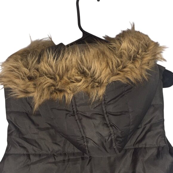 London Fog  Puffer Vest  Faux Fur Hood  Women Medium 90s Warm Full Zip Brown - Picture 7 of 12